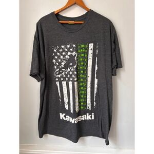 Kawasaki Mens XL Graphic T-Shirt Charcoal Gray Motocross American Flag Racing